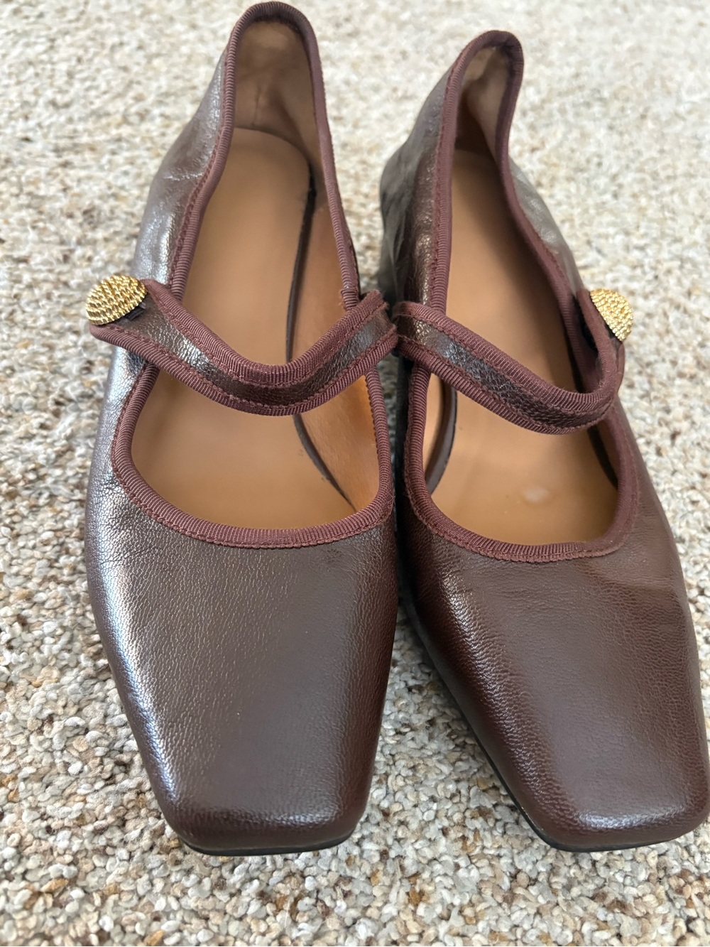 Original Corium Brown Leather Mary Janes with Gold Button Accent